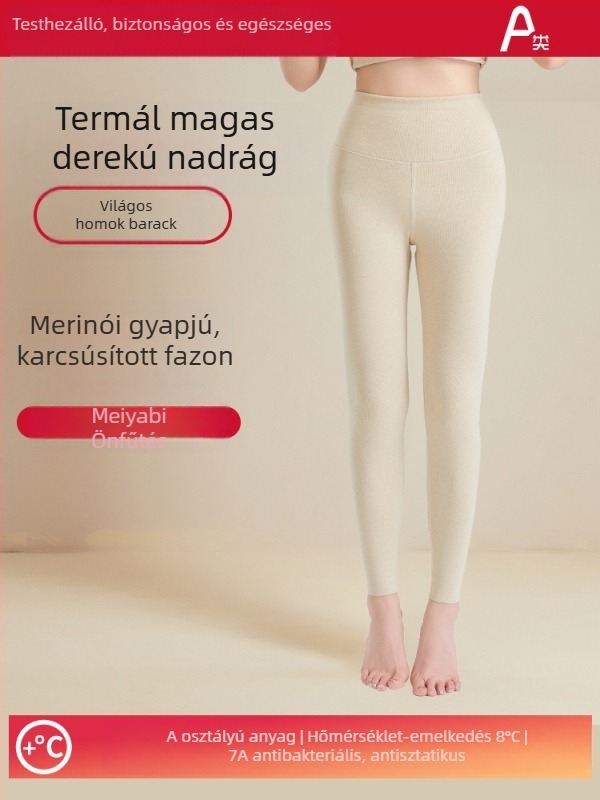 Női gyapjúból készült őszi-téli magas derekú termo nadrág, antibakteriális, fenékemelés, melegítő hatás, derék és has védelme, velúr bélés