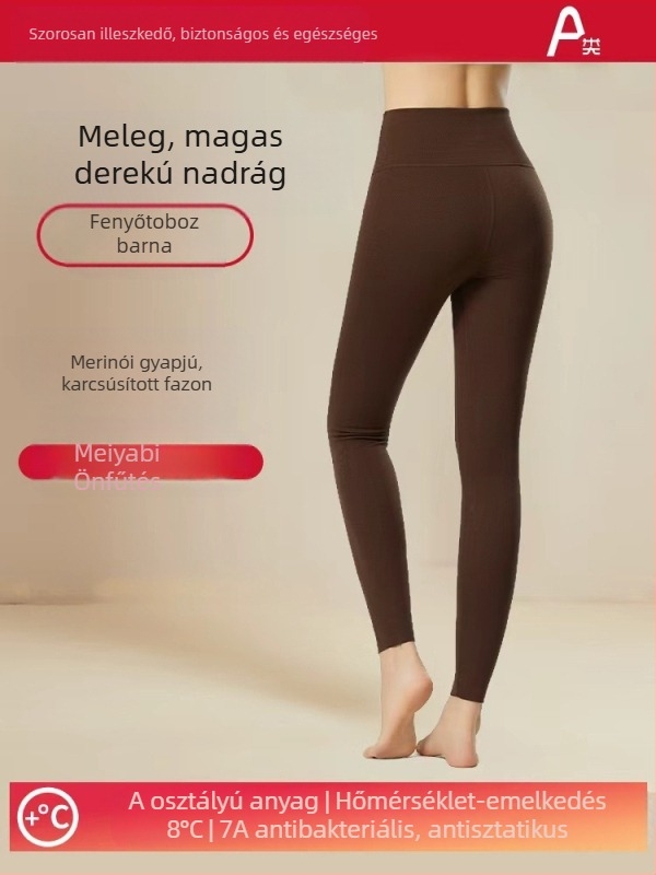 Női gyapjúból készült őszi-téli magas derekú termo nadrág, antibakteriális, fenékemelés, melegítő hatás, derék és has védelme, velúr bélés