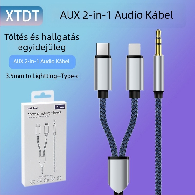 Neutral USB 2-in-1 szövött AUX hangkábel Type-C 3,5 mm adapterrel zenéhez és hívásokhoz