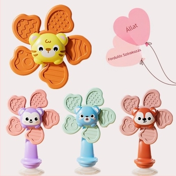 Baba szívókorongos forgó játék – forgó virág, műanyagból, 0–3 éveseknek, segít az ujjak erejének fejlesztésében fogás gyakorlatokkal, és fejleszti a kéz-szem koordinációt, érzékelést és finom motoros készségeket