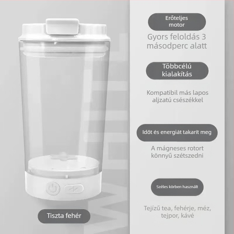Rozsdamentes acélból készült kávés bögre automatikus keverővel és mágnessel, újratölthető, hordozható, modell MY-304, minimalist dizájn