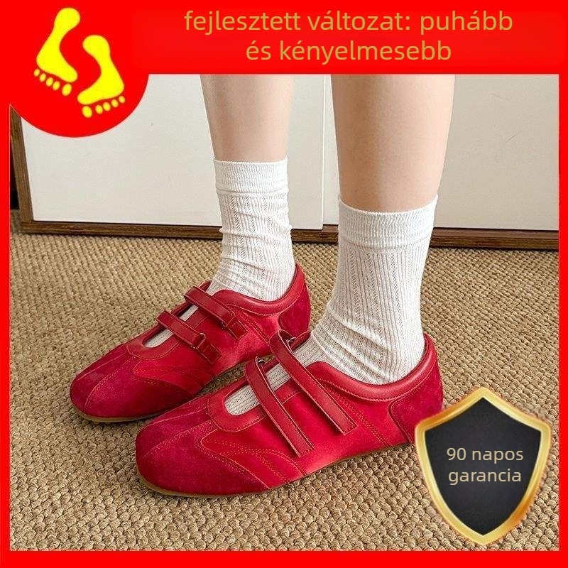 Női balett-stílusú tornacipő velúr felsőrésze, csíkos mintával, tépőzáras zárás, lapos gumitalp