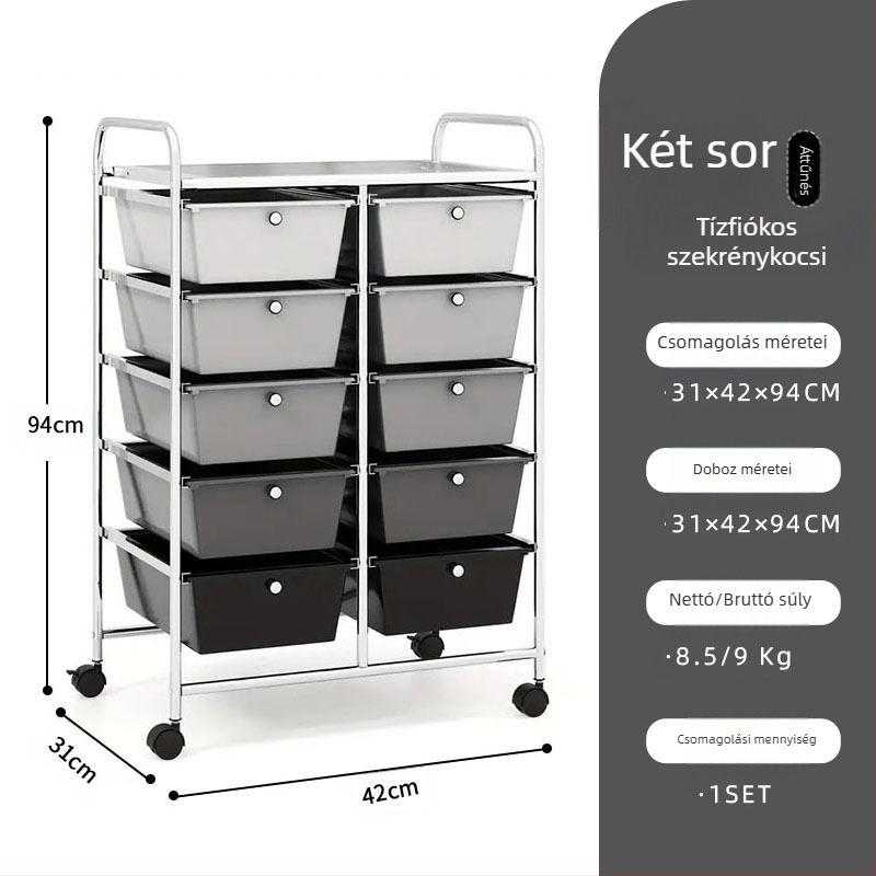 5-rétű műanyag tárolókocsi, két soros 10 fiókos rendszerrel, mozgatható, padlón álló