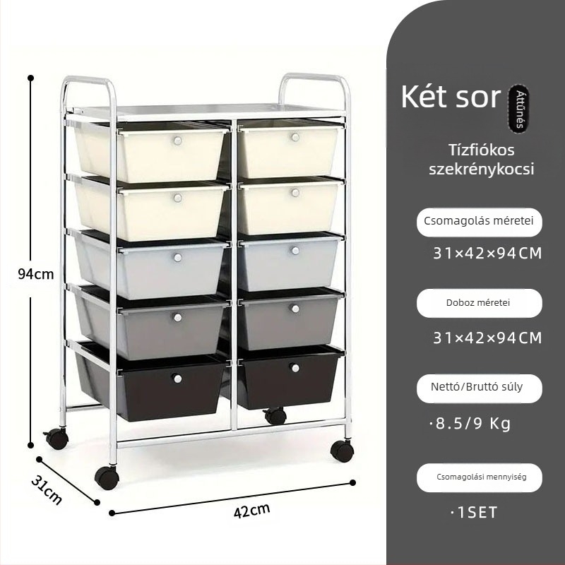 5-rétű műanyag tárolókocsi, két soros 10 fiókos rendszerrel, mozgatható, padlón álló