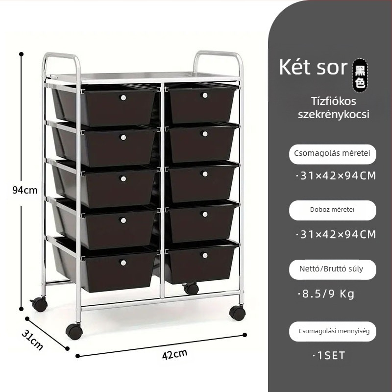 5-rétű műanyag tárolókocsi, két soros 10 fiókos rendszerrel, mozgatható, padlón álló