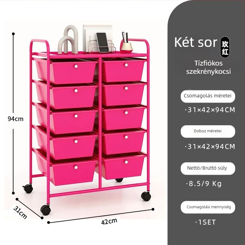 5-rétű műanyag tárolókocsi, két soros 10 fiókos rendszerrel, mozgatható, padlón álló