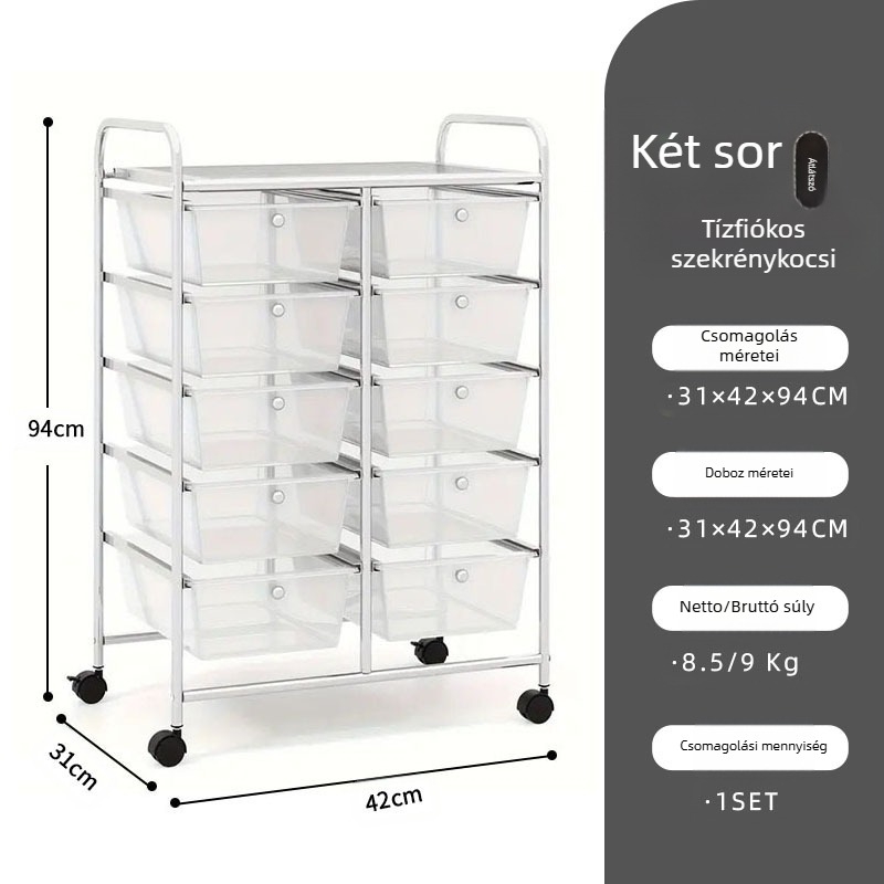 5-rétű műanyag tárolókocsi, két soros 10 fiókos rendszerrel, mozgatható, padlón álló
