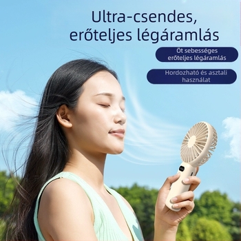 USB-töltéses kézi ventilátor asztali tartóval, kompakt mini ventilátor 5 lapáttal, 5 sebesség, beépített akkumulátor 1000–1200 mAh, halk brushless motor, ABS ház, méretek 188×93×36 mm, tömeg 230 g