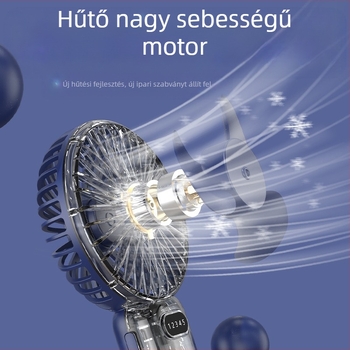 USB-töltéses kézi ventilátor asztali tartóval, kompakt mini ventilátor 5 lapáttal, 5 sebesség, beépített akkumulátor 1000–1200 mAh, halk brushless motor, ABS ház, méretek 188×93×36 mm, tömeg 230 g