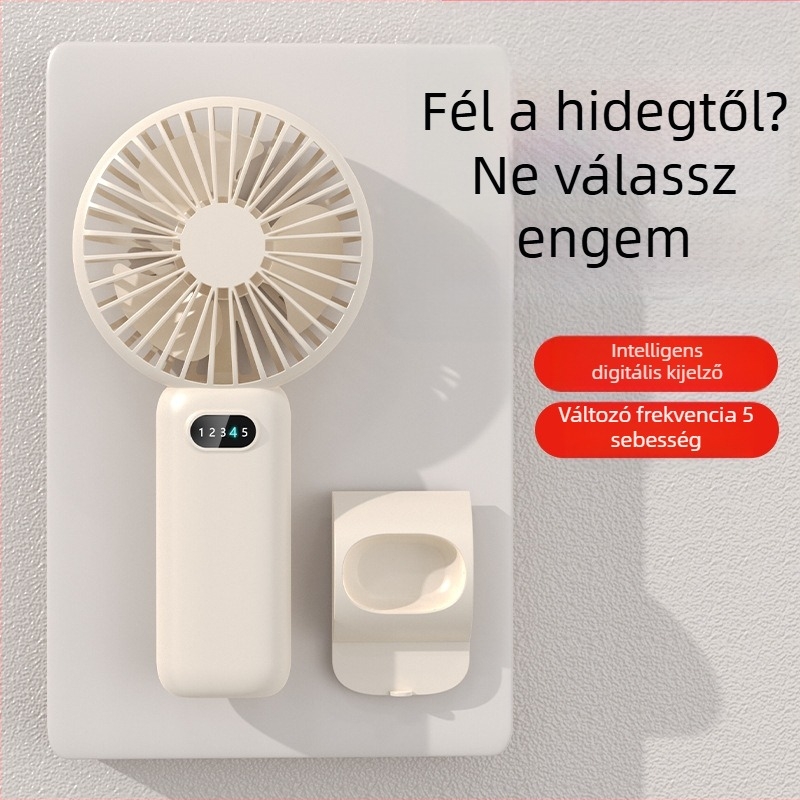 USB-töltéses kézi ventilátor asztali tartóval, kompakt mini ventilátor 5 lapáttal, 5 sebesség, beépített akkumulátor 1000–1200 mAh, halk brushless motor, ABS ház, méretek 188×93×36 mm, tömeg 230 g
