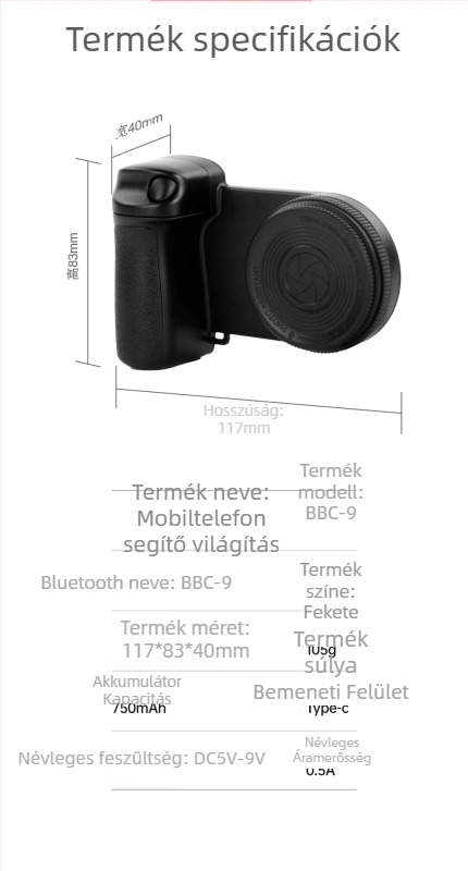 Telefonos szelfi fény Bluetooth felvételi asszisztenssel, BBC-9, Fotózási világítás, Kétféle színhőmérséklet, 5V, kevesebb mint 10W