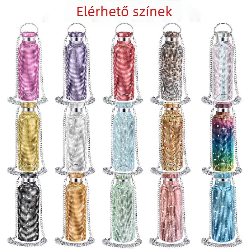 Diamant-díszes dupla falú rozsdamentes acél termosz pohár lánccal, belső 304, külső 201, vákuum-szigetelés 12–24 óra, hordozható fogantyúval és zsinórral, lézergravírozás elérhető.