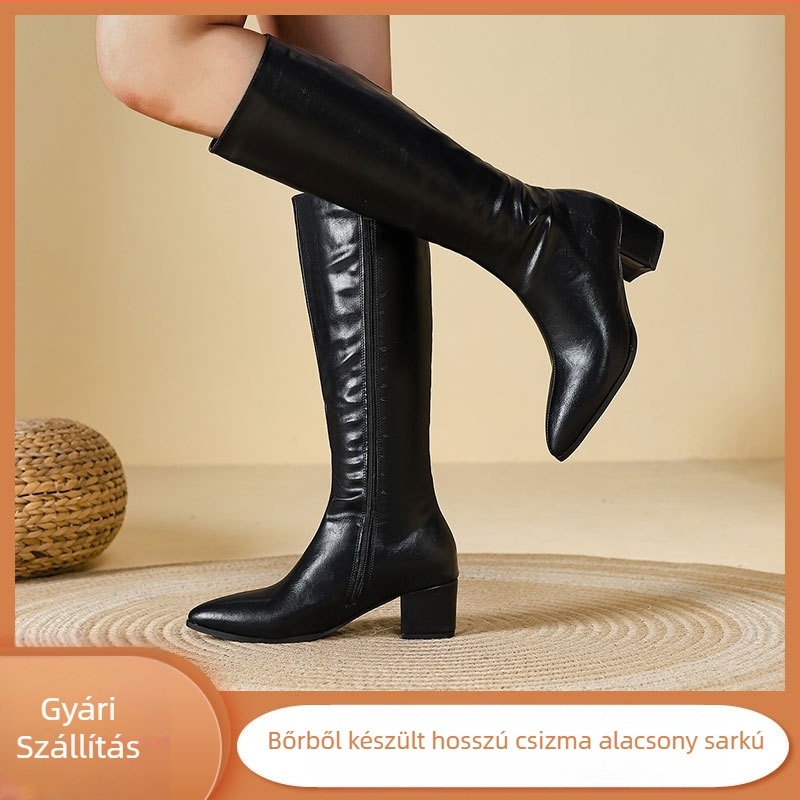 Női lovaglócsizma vastag sarkú, magas szár, hegyes orr, középmagas 3–5 cm