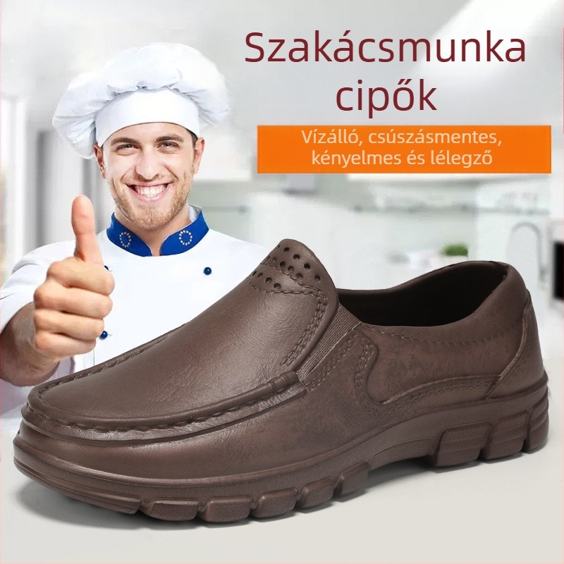 Férfi slip-on konyhai munkacipő, vízálló, csúszásmentes, olajálló, PU felsőrész