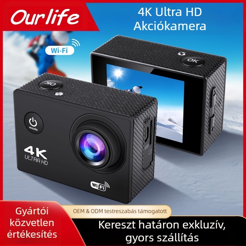 Fejre szerelt akciókamera – 4K videó, 16MP felvételek, 2.0″ LCD, TF-kártya tárolás, 900mAh akkumulátor