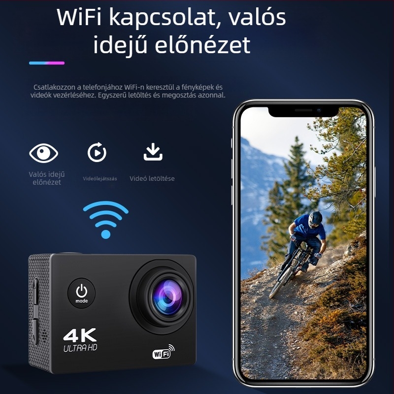 Fejre szerelt akciókamera – 4K videó, 16MP felvételek, 2.0″ LCD, TF-kártya tárolás, 900mAh akkumulátor
