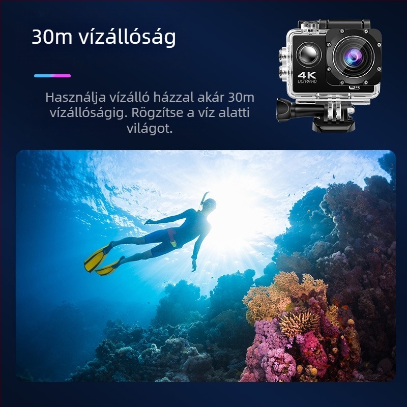 Fejre szerelt akciókamera – 4K videó, 16MP felvételek, 2.0″ LCD, TF-kártya tárolás, 900mAh akkumulátor