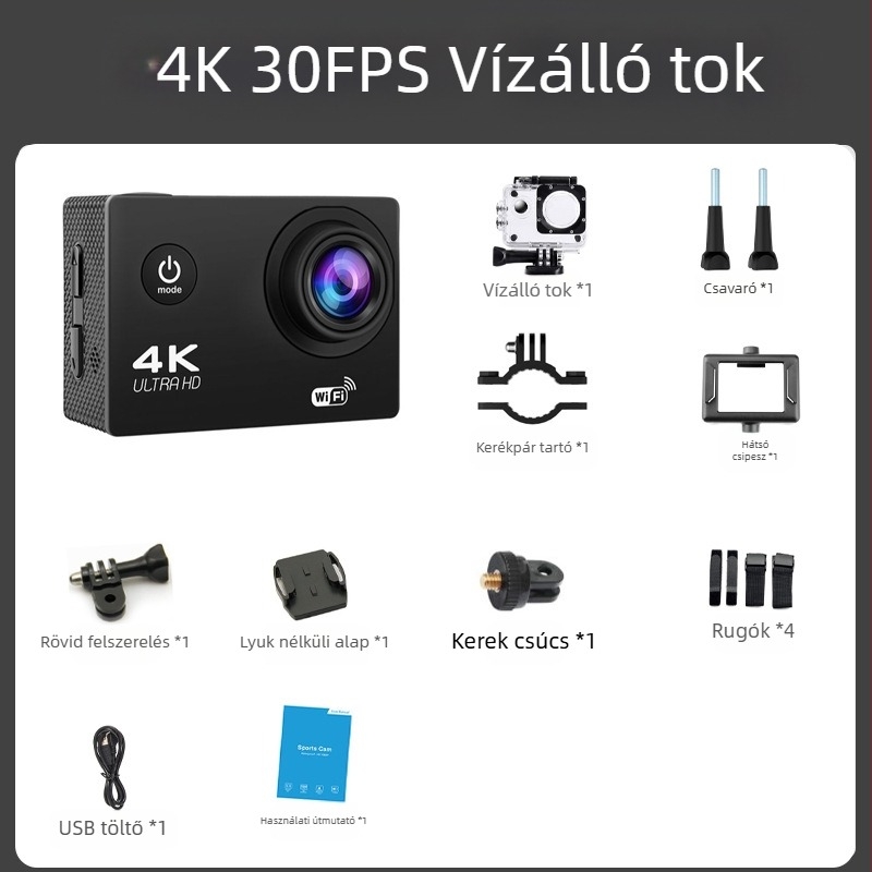 Fejre szerelt akciókamera – 4K videó, 16MP felvételek, 2.0″ LCD, TF-kártya tárolás, 900mAh akkumulátor