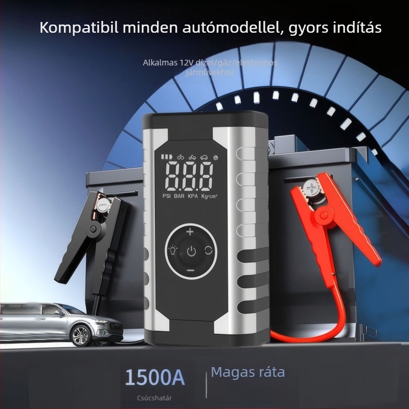 Autómentő indító áramforrás és levegőpumpa – minden egyben, hordozható, bemenet 12V, kimenet 5V, nemzetközi tanúsítvány