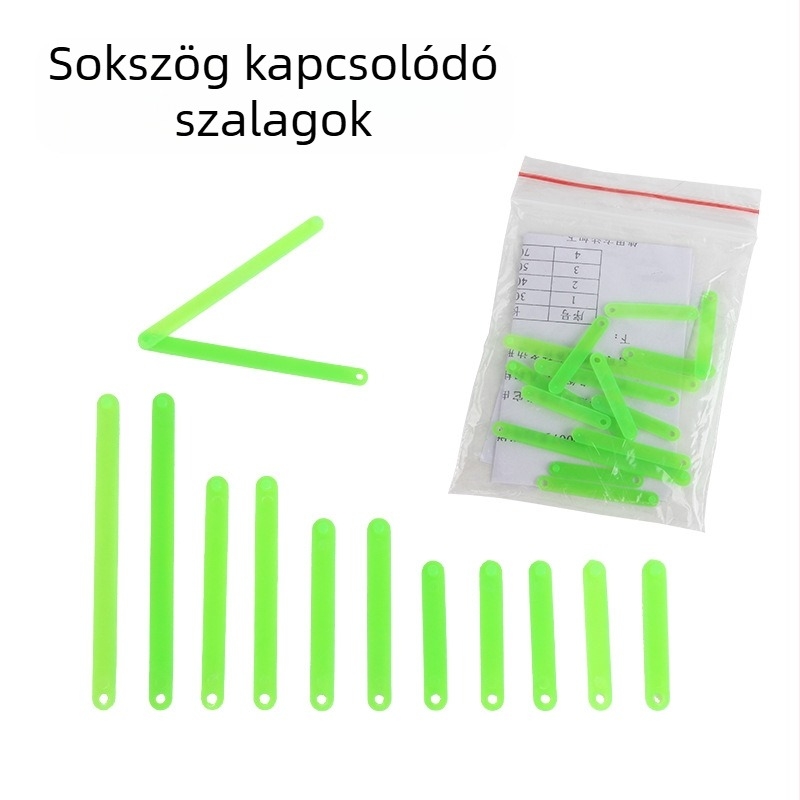 Geometriai oktatóeszköz: poligon összekötő csíkok, mozgó paralelogrammos váz, háromszög és négyszög kapcsolatok bemutatása, műanyag.