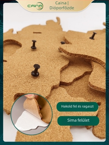 Világtérkép parafábla öntapadós hátfallal – puzzle alakú fotófal dekoráció