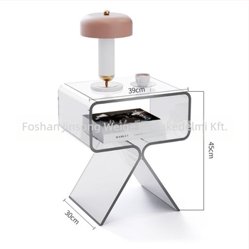 Minimalista átlátszó akril oldalsó asztal, kétszintes, padlón álló, nappali és hálószoba