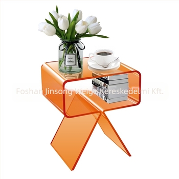 Minimalista átlátszó akril oldalsó asztal, kétszintes, padlón álló, nappali és hálószoba