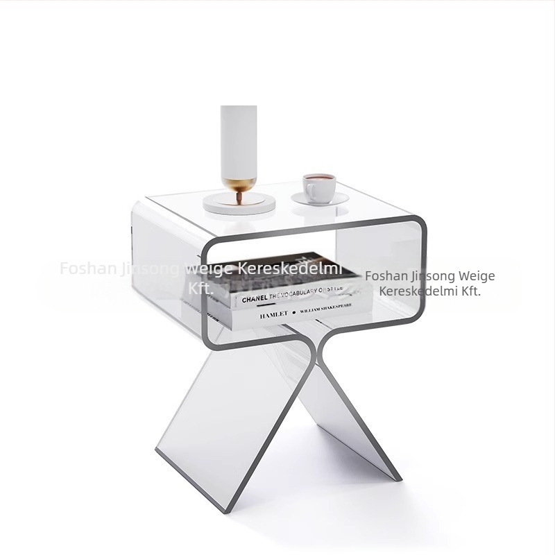 Minimalista átlátszó akril oldalsó asztal, kétszintes, padlón álló, nappali és hálószoba