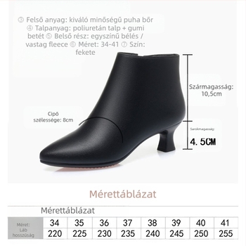 Női mikroszálas rövid csizmák, Koreai stílus, hegyes orr, 3–5 cm vastag sarok, oldalsó cipzár, műszőrmés bélés