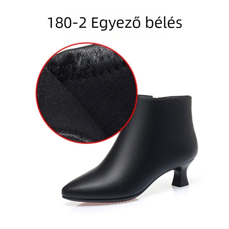 Női mikroszálas rövid csizmák, Koreai stílus, hegyes orr, 3–5 cm vastag sarok, oldalsó cipzár, műszőrmés bélés