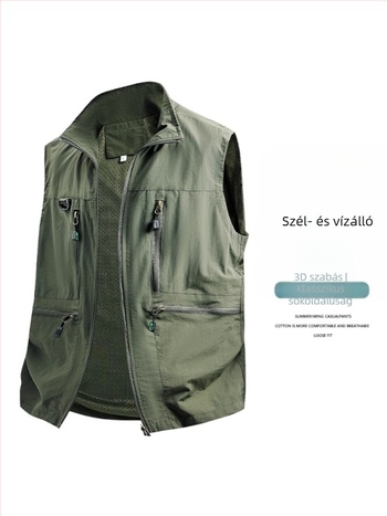 Férfi munkás mellény - laza szabás, álló gallér, cipzáras záródás, több zseb, lélegző poliészter anyag, egyszínű, tavasz–ősz