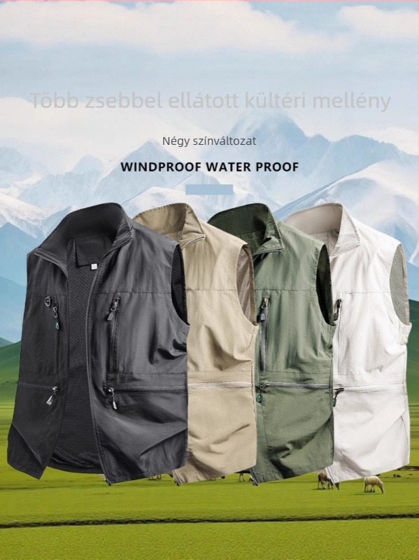 Férfi munkás mellény - laza szabás, álló gallér, cipzáras záródás, több zseb, lélegző poliészter anyag, egyszínű, tavasz–ősz