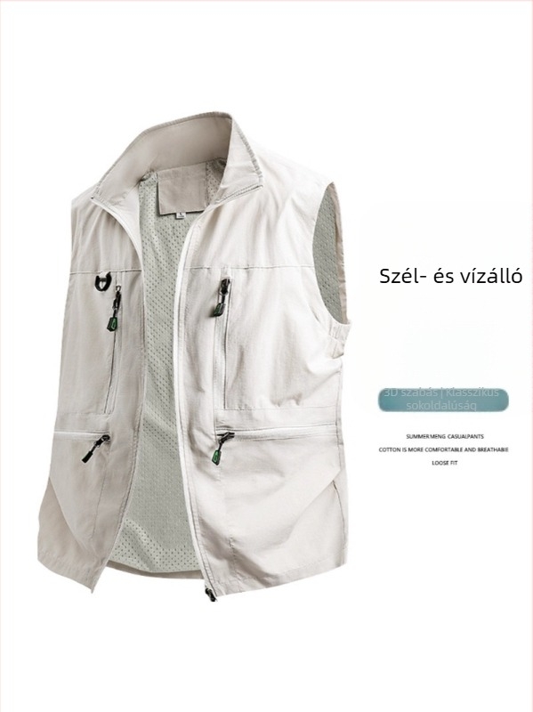 Férfi munkás mellény - laza szabás, álló gallér, cipzáras záródás, több zseb, lélegző poliészter anyag, egyszínű, tavasz–ősz