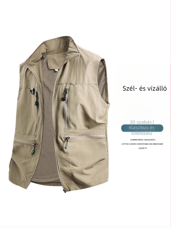 Férfi munkás mellény - laza szabás, álló gallér, cipzáras záródás, több zseb, lélegző poliészter anyag, egyszínű, tavasz–ősz
