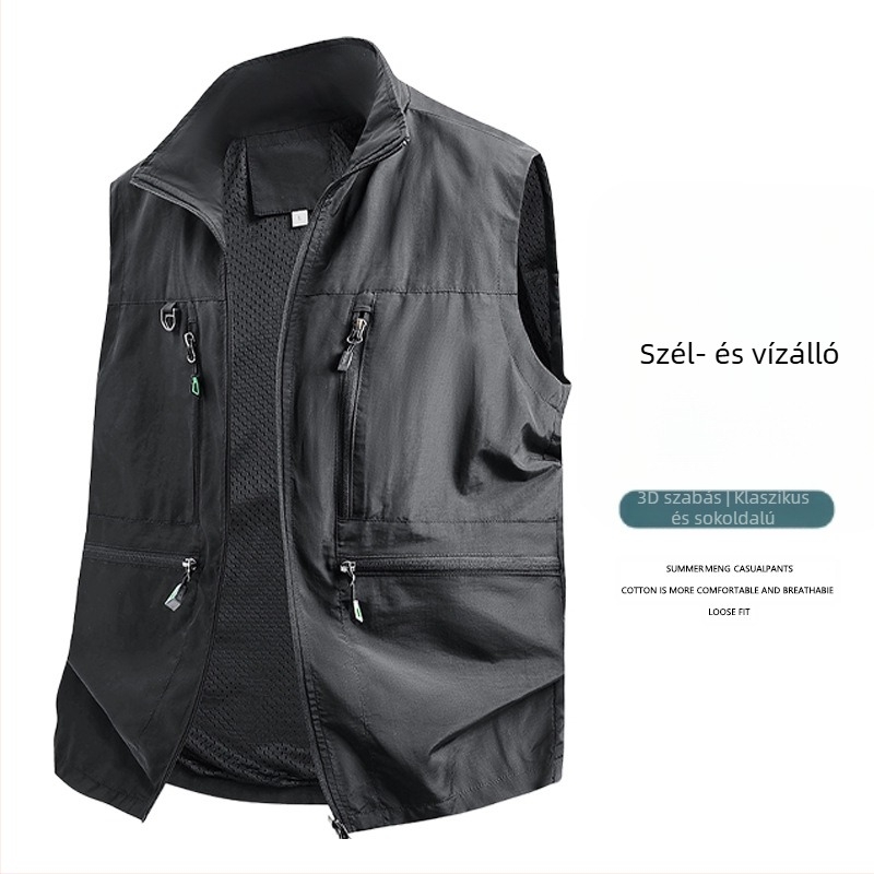Férfi munkás mellény - laza szabás, álló gallér, cipzáras záródás, több zseb, lélegző poliészter anyag, egyszínű, tavasz–ősz
