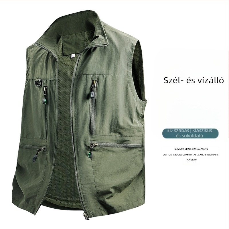 Férfi munkás mellény - laza szabás, álló gallér, cipzáras záródás, több zseb, lélegző poliészter anyag, egyszínű, tavasz–ősz