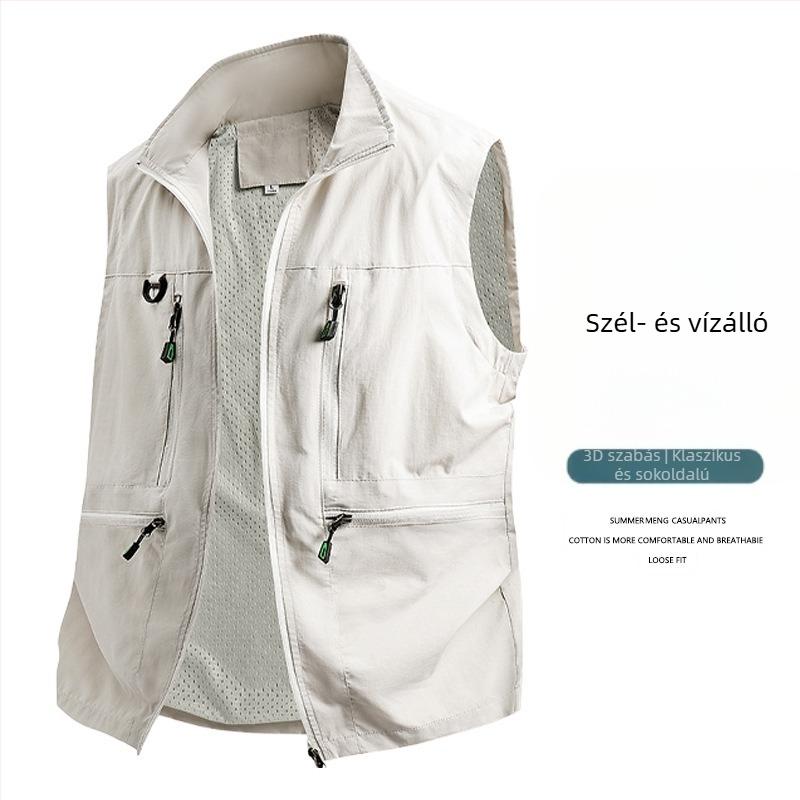 Férfi munkás mellény - laza szabás, álló gallér, cipzáras záródás, több zseb, lélegző poliészter anyag, egyszínű, tavasz–ősz