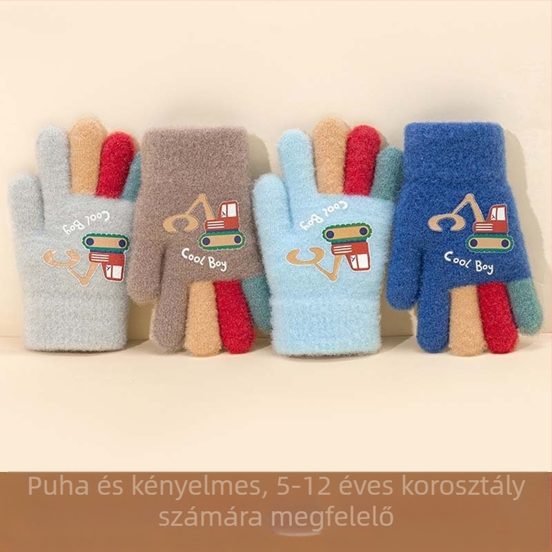 Kötött gyerek kesztyű, karikatúra markolóval – meleg, nyomtatott kivitel, 5–12 éveseknek