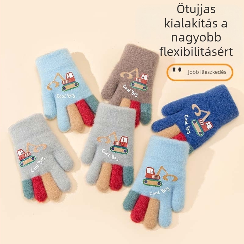 Kötött gyerek kesztyű, karikatúra markolóval – meleg, nyomtatott kivitel, 5–12 éveseknek