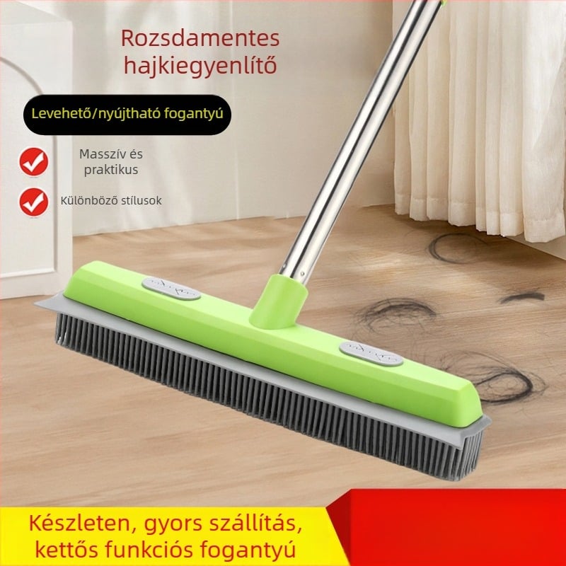Háziállat-szőr eltávolító szőnyegtisztító, kézi használat nélküli mop, gumírozott padlótisztító kefével, PP/TPR, rozsdamentes acél rúd