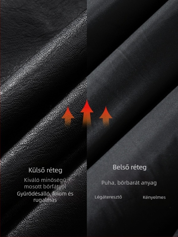 PU bőrkabát álló gallérral, cipzárral, laza szabású, hosszú ujjú, poliészter bélés, víz- és szélálló, őszi darab