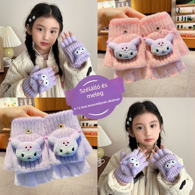 Gyerekeknek készült meleg gyapjú félujjas kesztyű, rajzfilmszerű mintával, 5–12 éveseknek