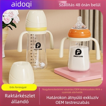 Baba etető cumisüveg széles szájú, PP anyagú, ívelt dizájnú, fulladás elleni, gázképződést gátló, fogantyúval