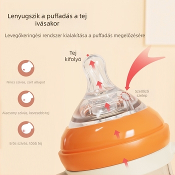 Baba etető cumisüveg széles szájú, PP anyagú, ívelt dizájnú, fulladás elleni, gázképződést gátló, fogantyúval