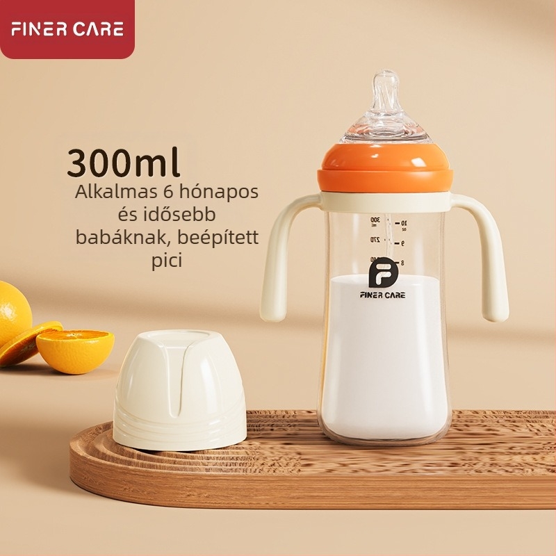 Baba etető cumisüveg széles szájú, PP anyagú, ívelt dizájnú, fulladás elleni, gázképződést gátló, fogantyúval