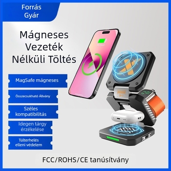 Mágneses három az egyben vezeték nélküli töltő, összecsukható Mecha-stílusú kialakítás, PD/QC3.0, 15W, 2A