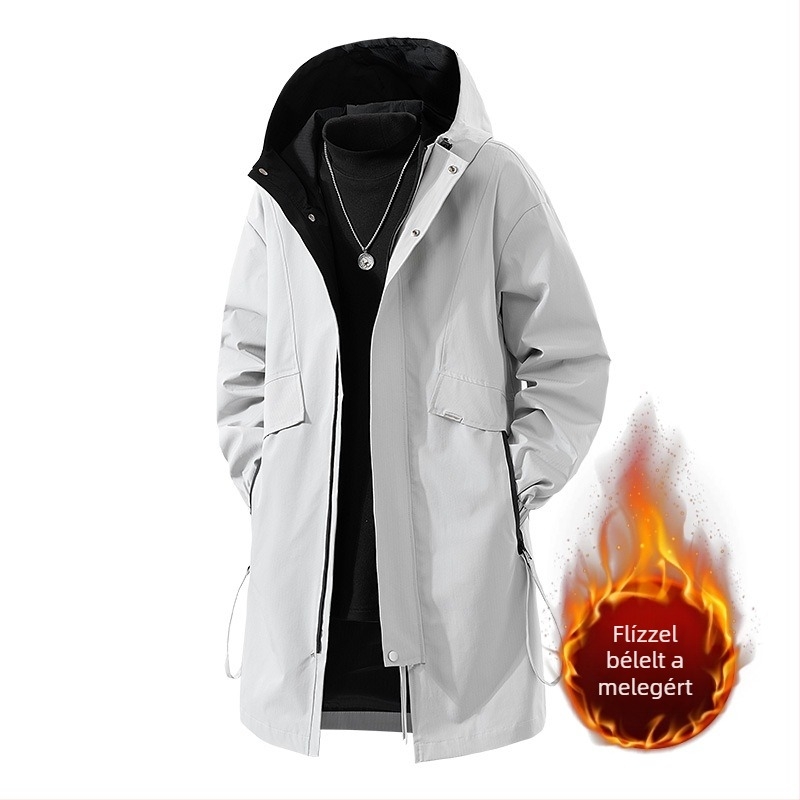Férfi középhosszú kapucnis kabát fleece bélésével, cipzár elöl, laza szabás, több zseb (középhosszú, kapucnis, fleece bélés, cipzár elöl, több zseb)