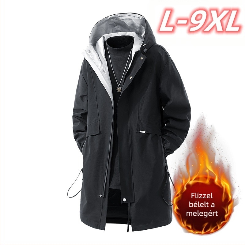Férfi középhosszú kapucnis kabát fleece bélésével, cipzár elöl, laza szabás, több zseb (középhosszú, kapucnis, fleece bélés, cipzár elöl, több zseb)