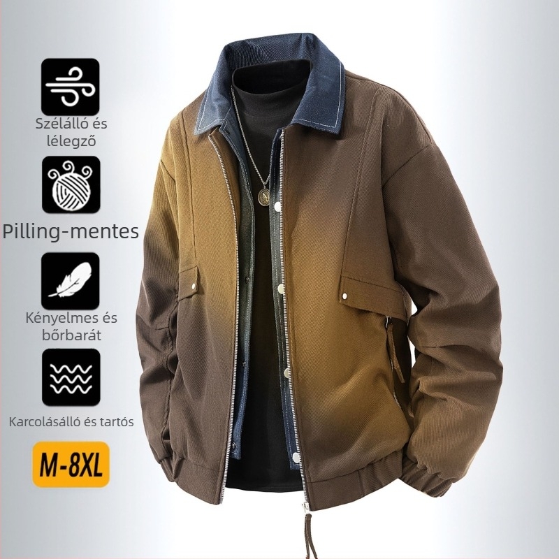 Férfi dzseki japán workwear stílusban, galléros, cipzár, pöttyös mintázat, jacquard szövés