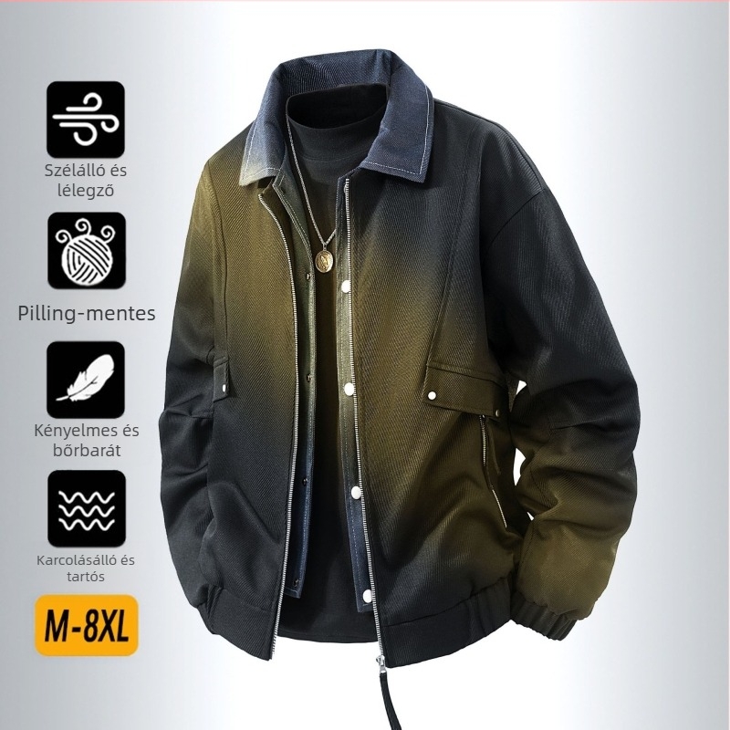 Férfi dzseki japán workwear stílusban, galléros, cipzár, pöttyös mintázat, jacquard szövés